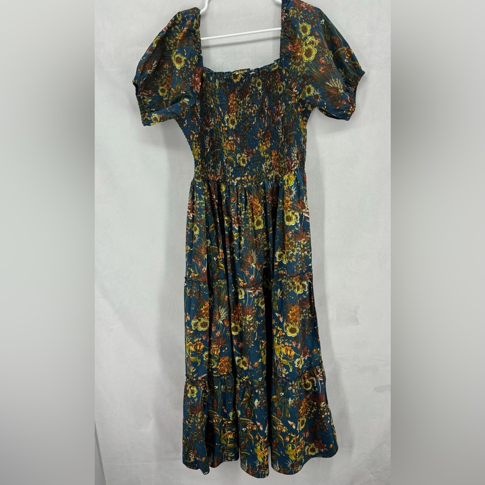 Kings Road Women’s 1X Plus Size Blue Yellow Floral Smock Maxi Dress Puff Sleeve